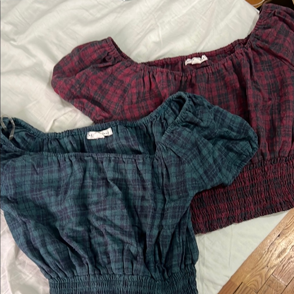 Plaid Off-Shoulder Tops - Red and Green